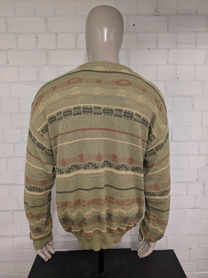 Vintage Gira Mondo trui met V-Hals. Groen Oranje Geel gekleurd. Maat XL.