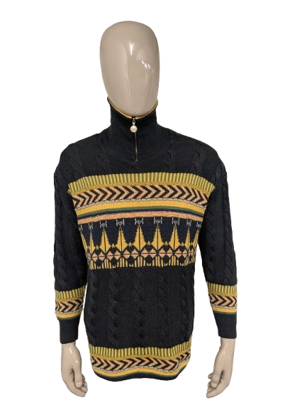 Pull en laine vintage avec fermeture éclair. Couleur jaune vert gris. Taille XL. 53% Laine.