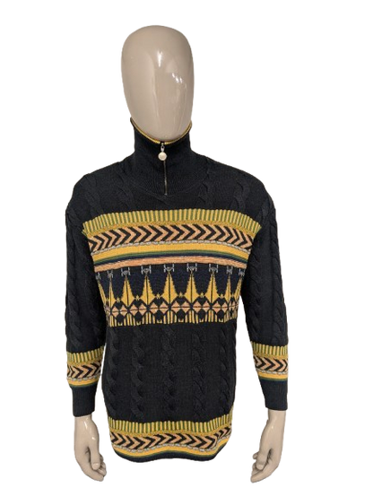 Pull en laine vintage avec fermeture éclair. Couleur jaune vert gris. Taille XL. 53% Laine.