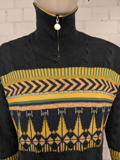 Pull en laine vintage avec fermeture éclair. Couleur jaune vert gris. Taille XL. 53% Laine.