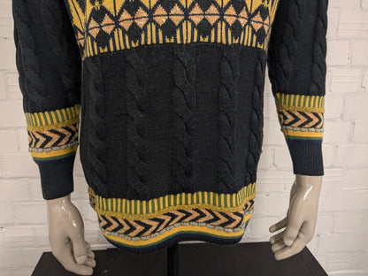 Pull en laine vintage avec fermeture éclair. Couleur jaune vert gris. Taille XL. 53% Laine.