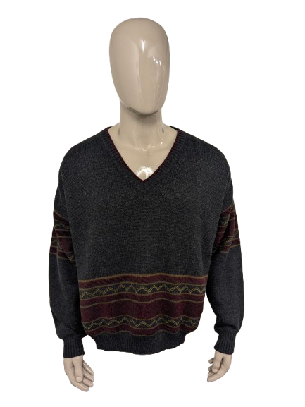 Vintage Mario Marri Pullover aus Alpaka/Wolle mit V-Ausschnitt – grau/rot/braun – Größe 2XL