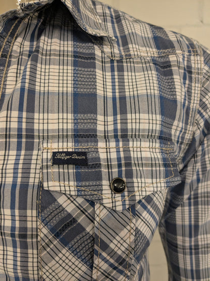 Hilfiger Denim shirt with press studs. Blue and white checked. Size S.