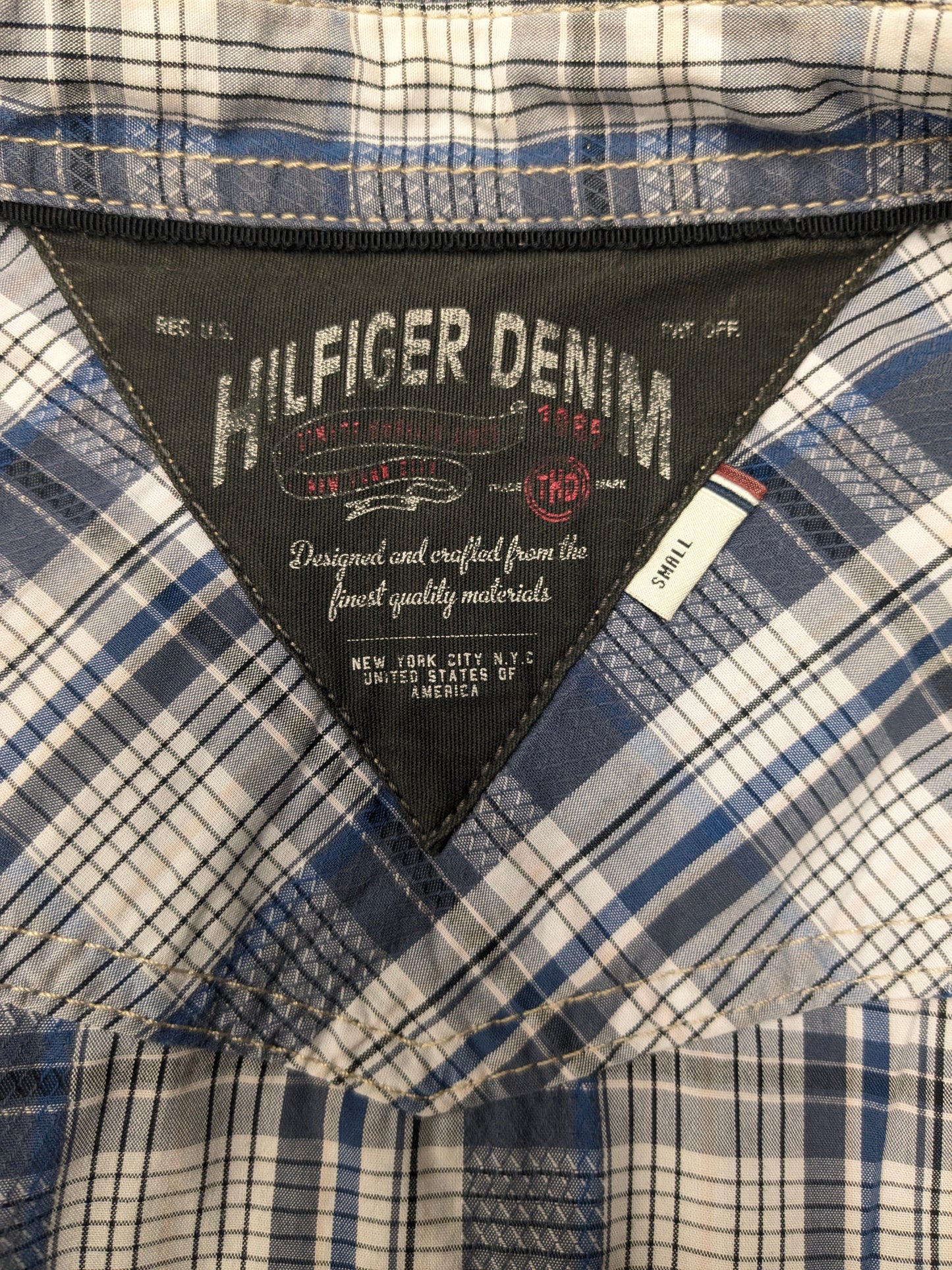 Hilfiger Denim shirt with press studs. Blue and white checked. Size S.