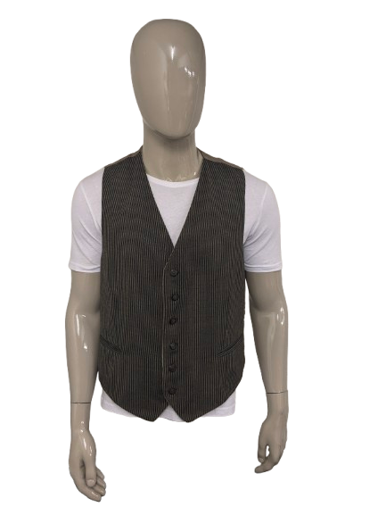 Vintage Dubbelzijdig gilet. Beige Zwart gestreept & Beige Bruin visgraat motief. Maat XL.