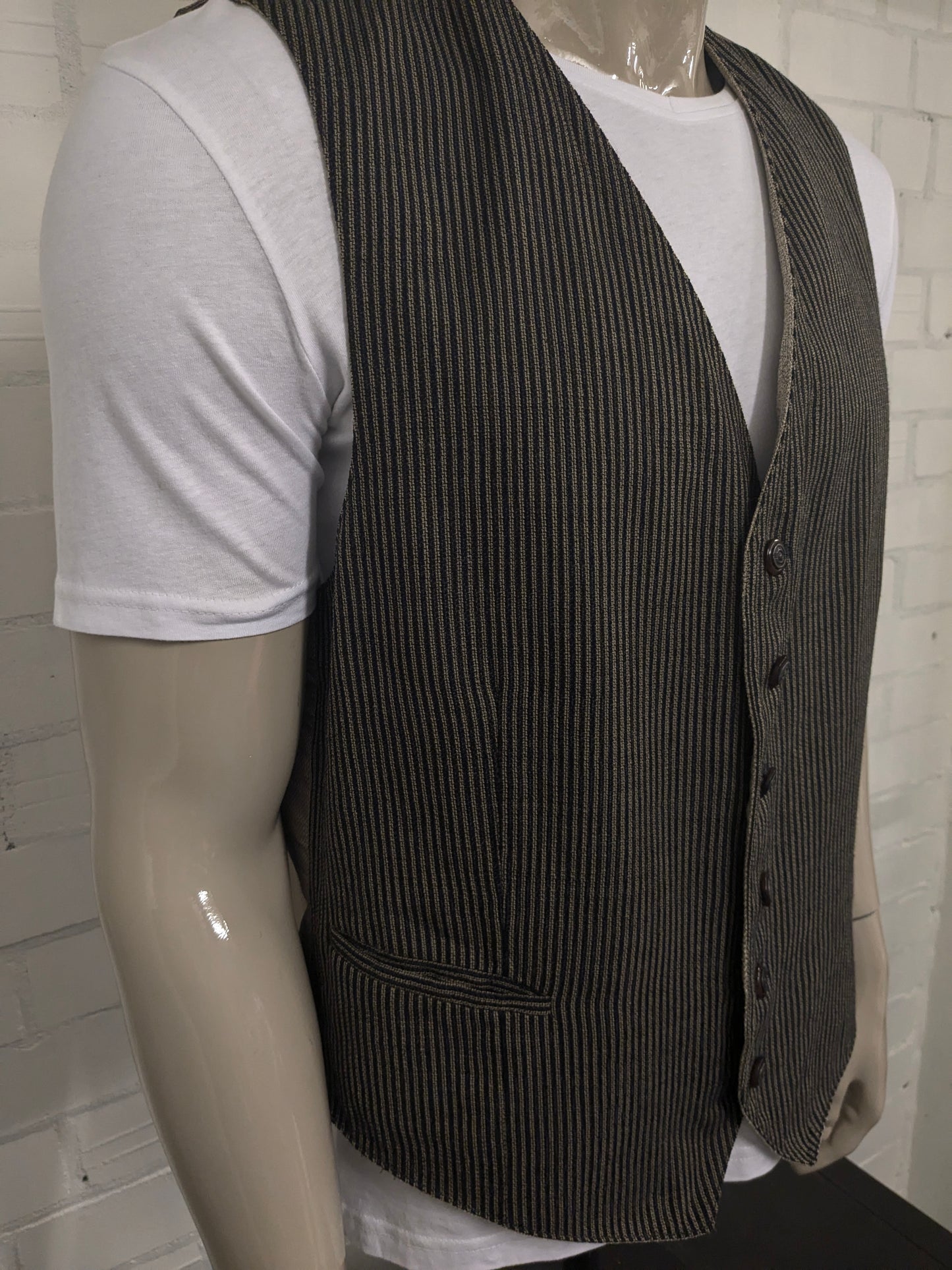 Vintage Dubbelzijdig gilet. Beige Zwart gestreept & Beige Bruin visgraat motief. Maat XL.