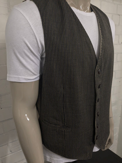 Vintage Dubbelzijdig gilet. Beige Zwart gestreept & Beige Bruin visgraat motief. Maat XL.