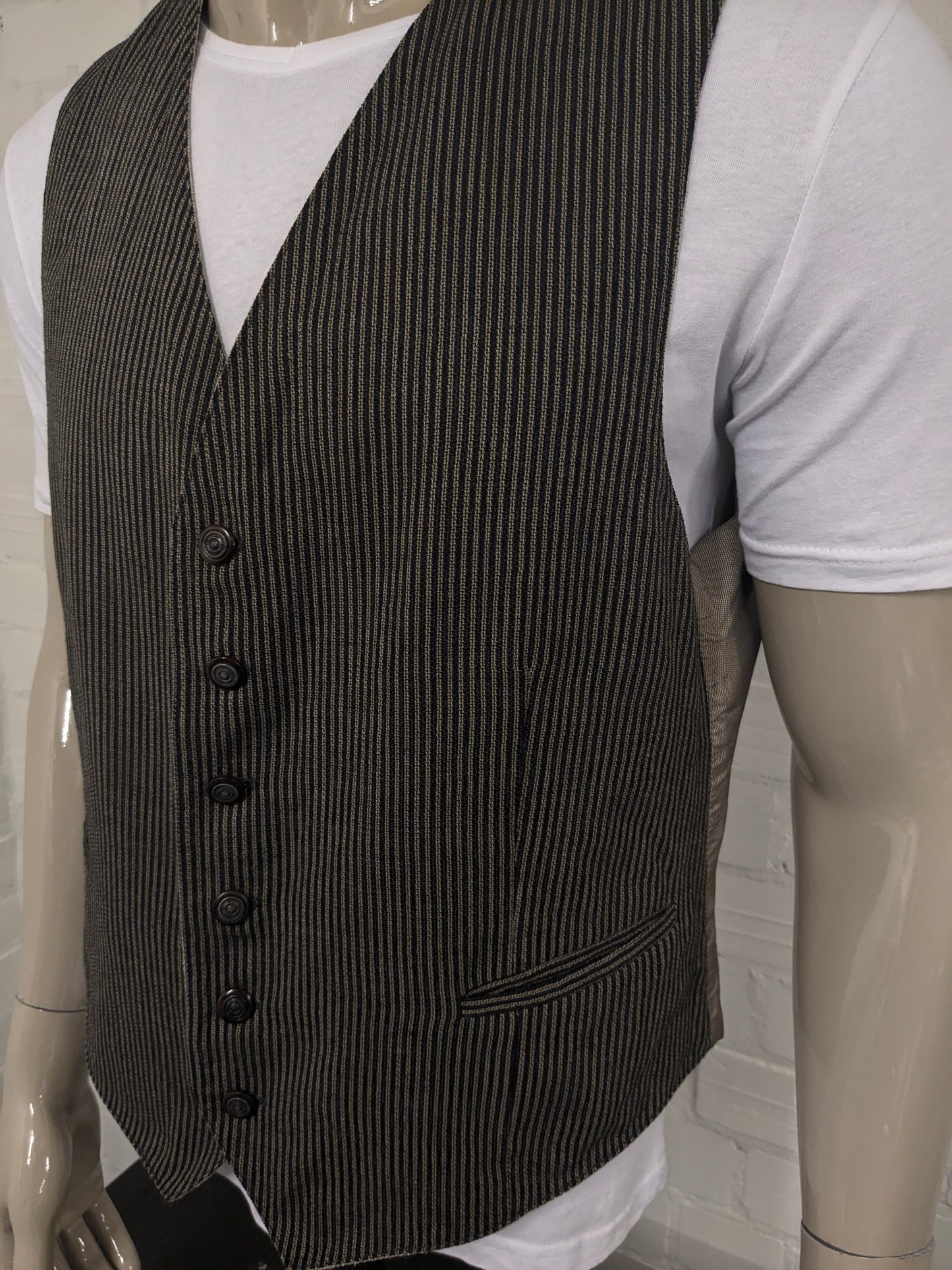 Vintage Dubbelzijdig gilet. Beige Zwart gestreept & Beige Bruin visgraat motief. Maat XL.