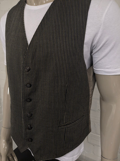 Vintage Dubbelzijdig gilet. Beige Zwart gestreept & Beige Bruin visgraat motief. Maat XL.