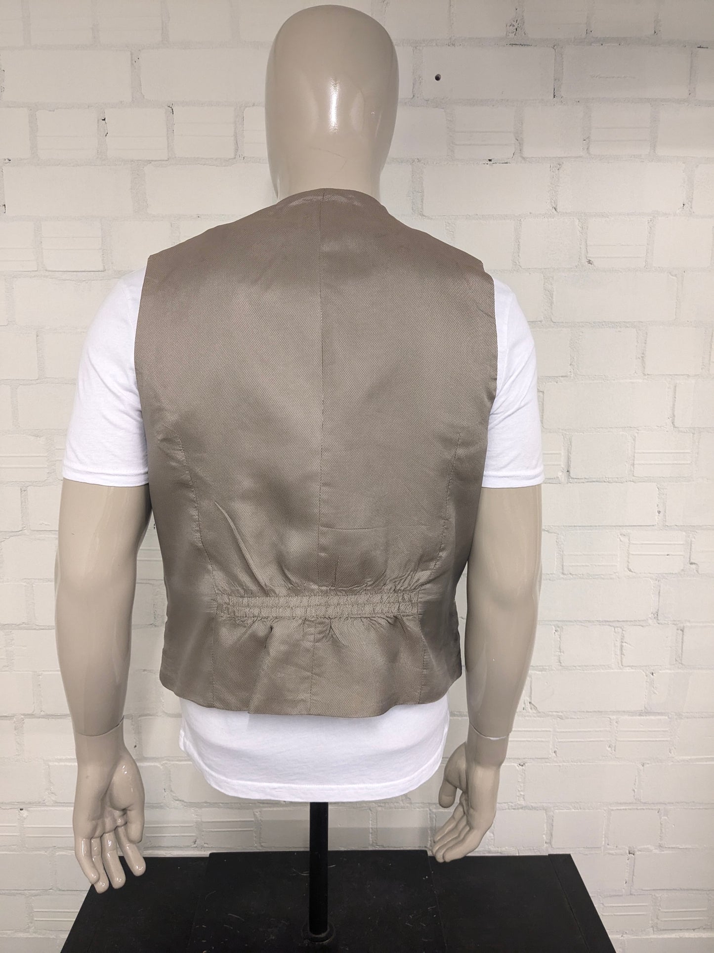 Vintage Dubbelzijdig gilet. Beige Zwart gestreept & Beige Bruin visgraat motief. Maat XL.