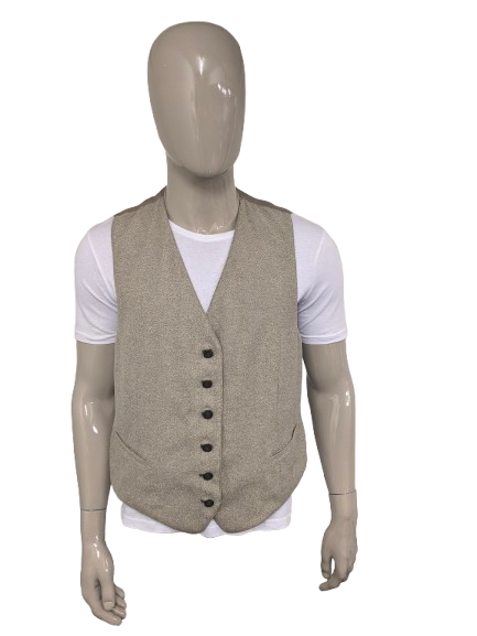 Vintage Dubbelzijdig gilet. Beige Zwart gestreept & Beige Bruin visgraat motief. Maat XL.