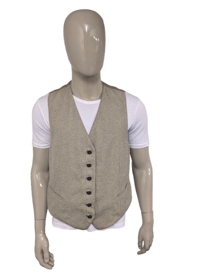 Vintage Dubbelzijdig gilet. Beige Zwart gestreept & Beige Bruin visgraat motief. Maat XL.