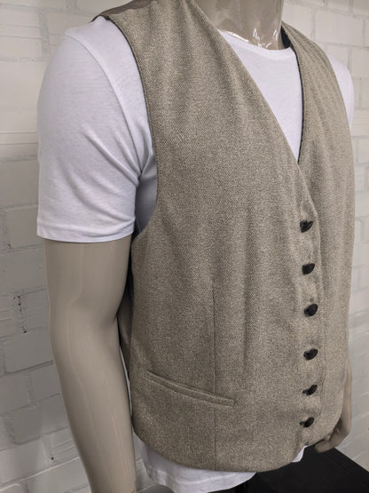 Vintage Dubbelzijdig gilet. Beige Zwart gestreept & Beige Bruin visgraat motief. Maat XL.