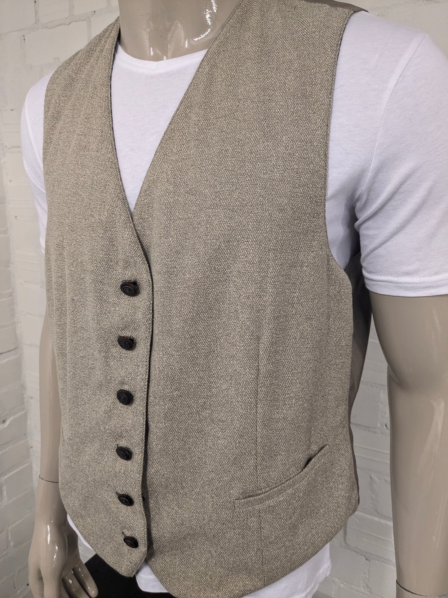 Vintage Dubbelzijdig gilet. Beige Zwart gestreept & Beige Bruin visgraat motief. Maat XL.