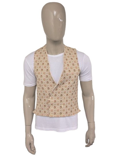 Vintage Double Breasted gilet. Groen Roze Rode bloemen motief met vierkante knoopjes.  Maat M.