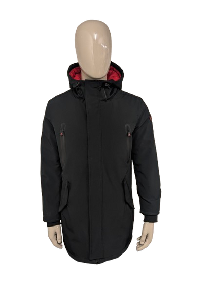 Cappotto invernale foderato Museum con cappuccio e doppia chiusura. Colore Nero Rosso. Taglia L.