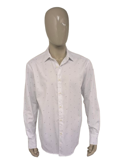 Chemise Zara. Blanc avec imprimé tennis homme bleu. Taille XL. coupe régulière.
