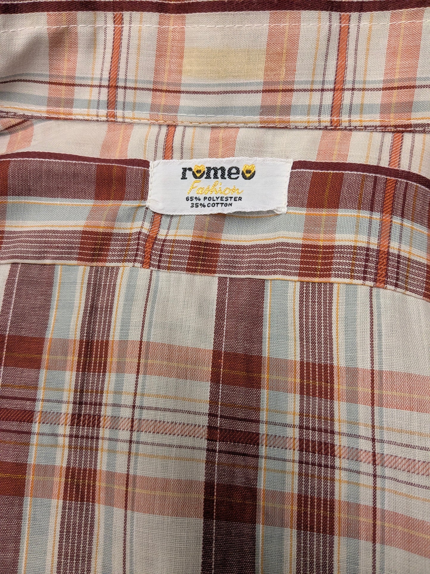 Vintage 70's Romeo shirt with pointed collar. Red Orange Yellow checked. Size XL.