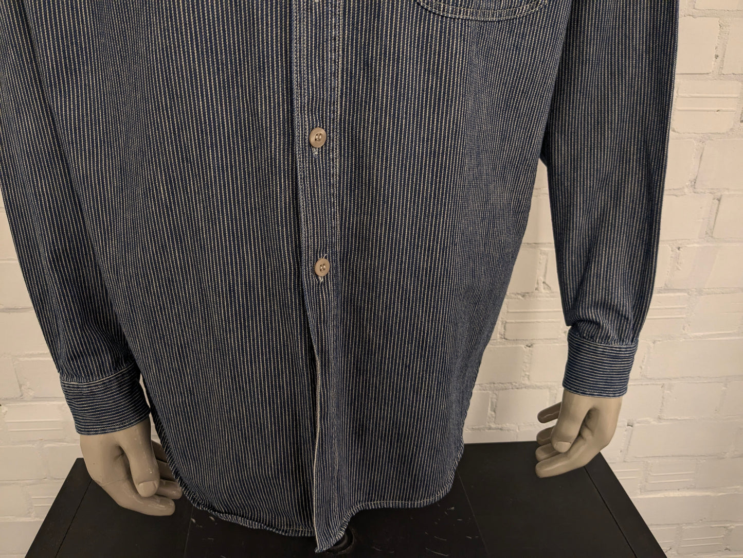 Marks & Spencer shirt with farmers' short collar. Beige Blue striped. Size XL.