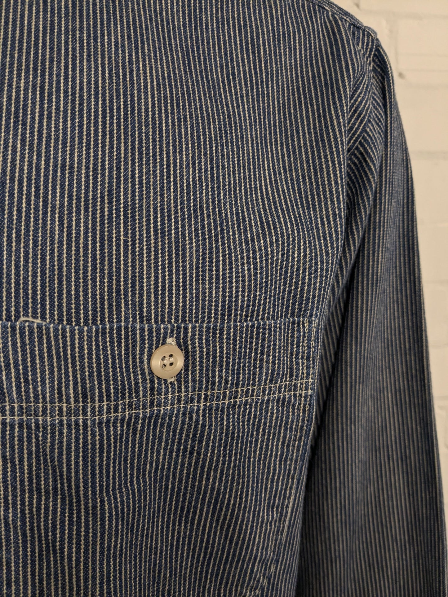 Marks & Spencer shirt with farmers' short collar. Beige Blue striped. Size XL.