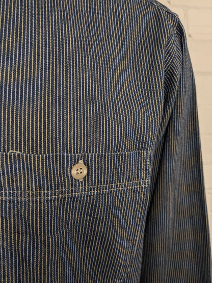 Marks & Spencer shirt with farmers' short collar. Beige Blue striped. Size XL.