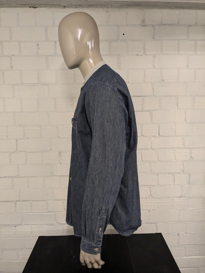 Marks & Spencer shirt with farmers' short collar. Beige Blue striped. Size XL.