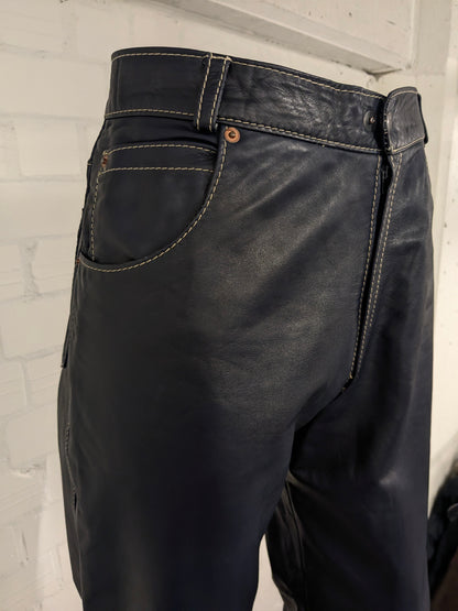 Vintage Leather pants. Dark Blue with Beige stitching. Size 50 / M.