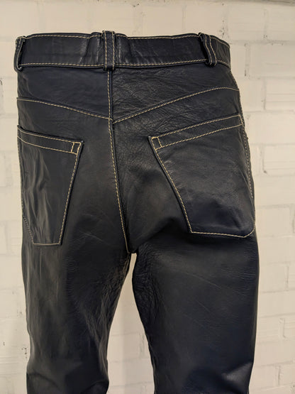 Vintage Leather pants. Dark Blue with Beige stitching. Size 50 / M.