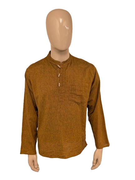 Camicia vintage abbottonata di Laxman. Contadino - Contadini - colletto corto. Ocra Giallo Nero misto. Taglia L.