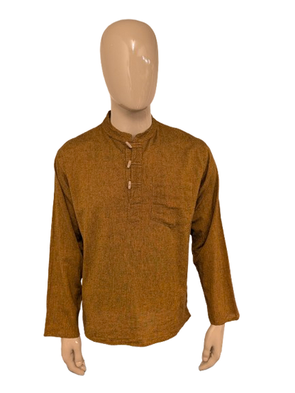 Camicia vintage abbottonata di Laxman. Contadino - Contadini - colletto corto. Ocra Giallo Nero misto. Taglia L.