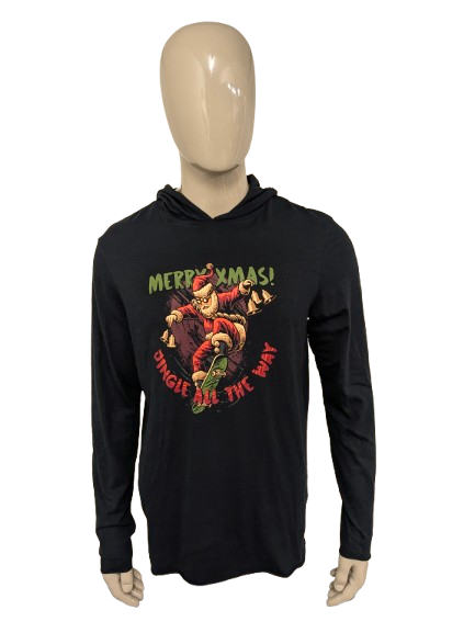 Felpa sottile con cappuccio arcobaleno "Merry XMas". Nero con stampa. Taglia L.