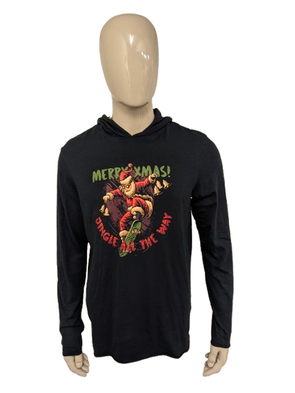 Felpa sottile con cappuccio arcobaleno "Merry XMas". Nero con stampa. Taglia L.