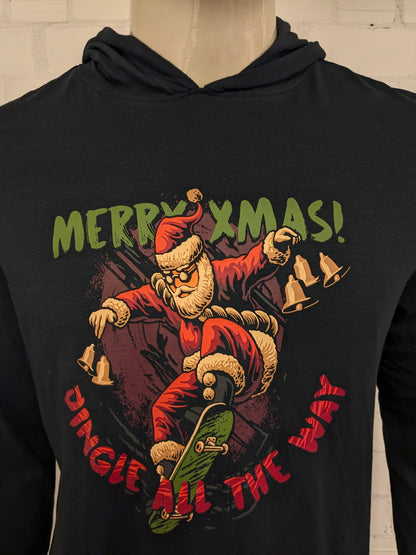 Felpa sottile con cappuccio arcobaleno "Merry XMas". Nero con stampa. Taglia L.