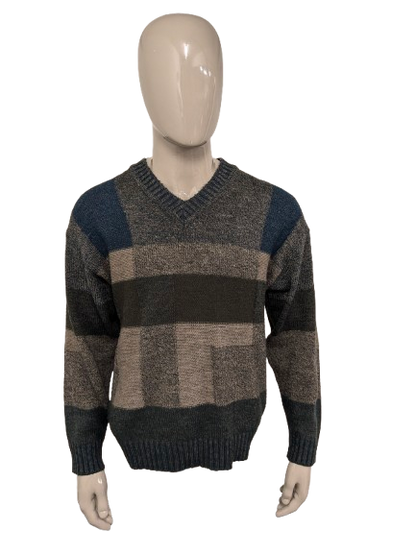 Suéter vintage Ceceba de Lana de Alpaca con Cuello en V. Color Beige Azul Verde. Talla M. 30% Lana y 10% Lana de Alpaca.