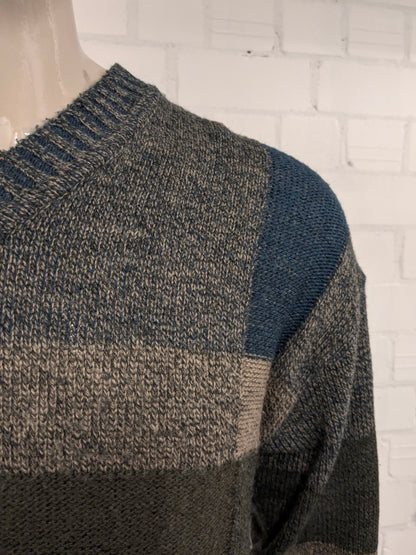 Suéter vintage Ceceba de Lana de Alpaca con Cuello en V. Color Beige Azul Verde. Talla M. 30% Lana y 10% Lana de Alpaca.