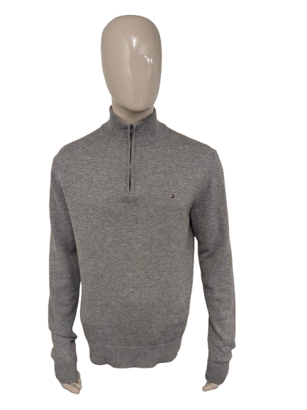 Maglione Tommy Hilfiger 100% lana d'agnello con cerniera. Grigio misto. Taglia XL.