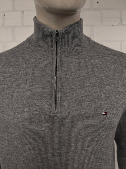 Maglione Tommy Hilfiger 100% lana d'agnello con cerniera. Grigio misto. Taglia XL.