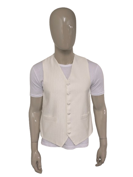 Heirloom gilet. Beige licht glanzend gestreept motief. Maat M.