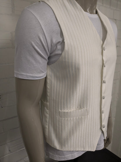 Heirloom gilet. Beige licht glanzend gestreept motief. Maat M.
