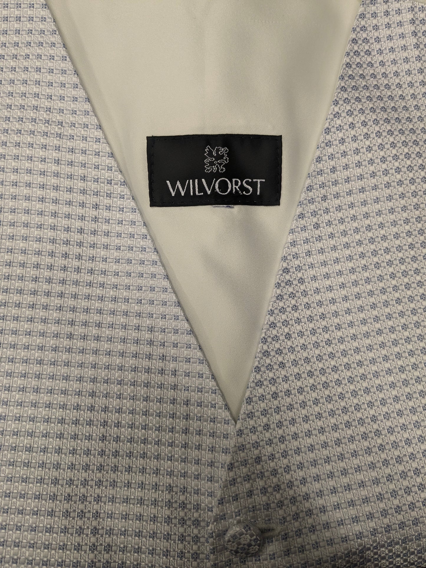 Wilvorst gilet. Blauw Wit motief. Maat L.