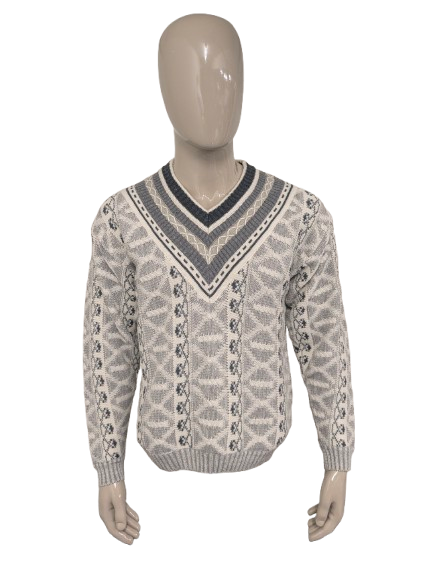 Vintage Paparazzi Pullover mit V-Ausschnitt – grau/beige/weiß – Größe L