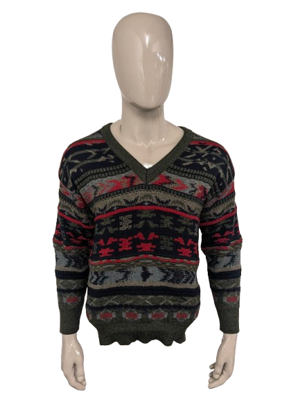 Vintage Mister H wollen V-hals trui – groen/rood/zwart – maat M