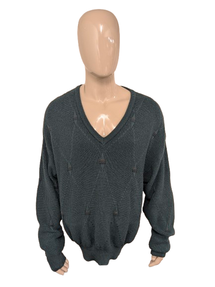 pull vintage Tablelands 100% Merino Wool avec col en V. Coloré en vert. Taille 3XL/XXXL.