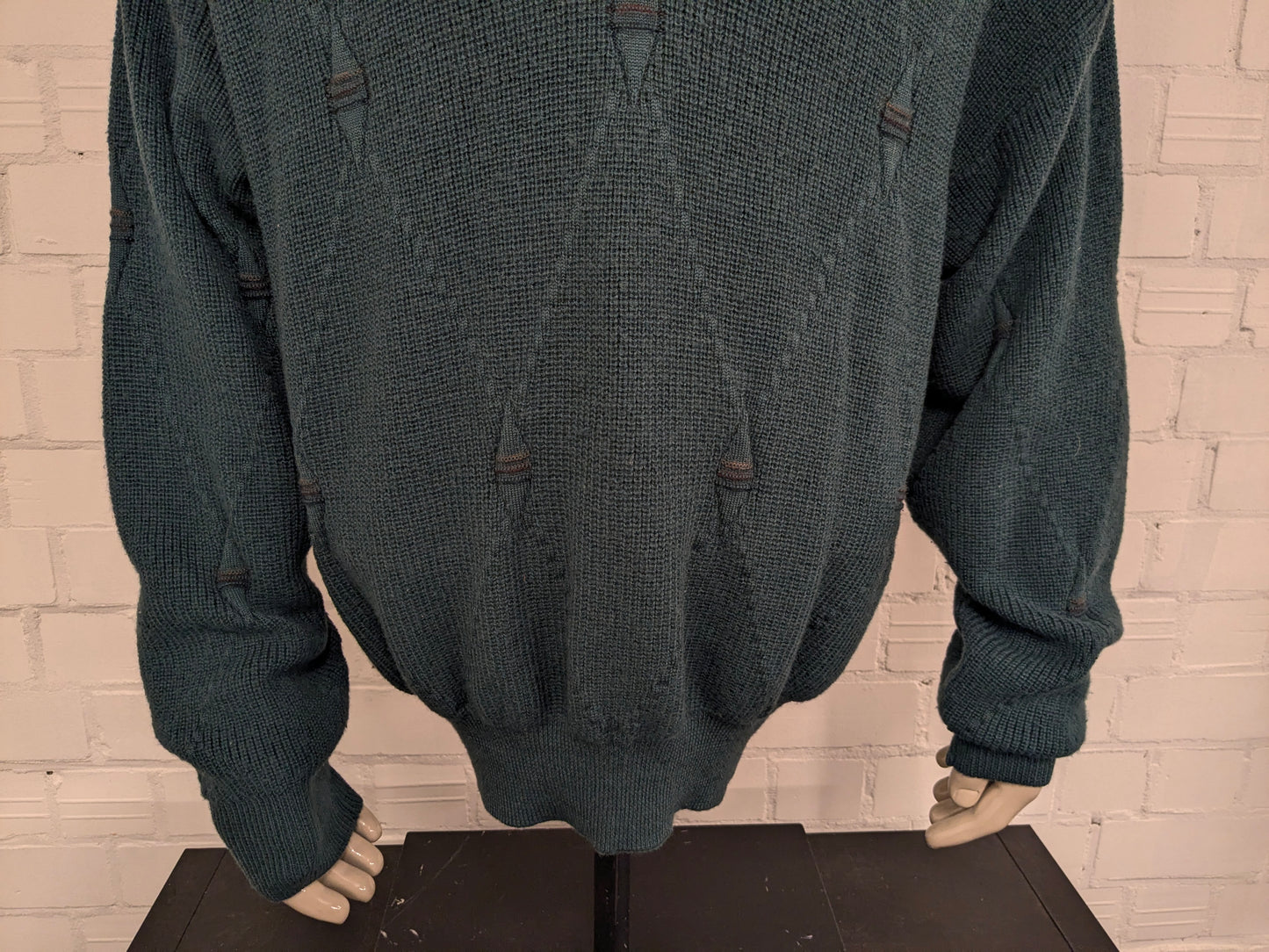pull vintage Tablelands 100% Merino Wool avec col en V. Coloré en vert. Taille 3XL/XXXL.
