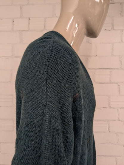 pull vintage Tablelands 100% Merino Wool avec col en V. Coloré en vert. Taille 3XL/XXXL.