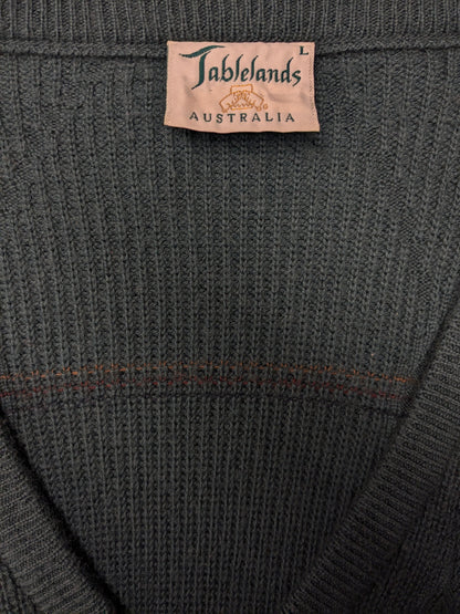 pull vintage Tablelands 100% Merino Wool avec col en V. Coloré en vert. Taille 3XL/XXXL.