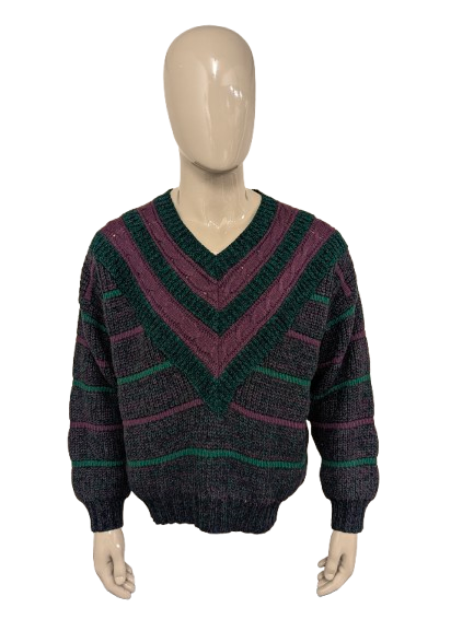Vintage Olly Gan Pullover mit V-Ausschnitt – grün/lila/schwarz – Größe L