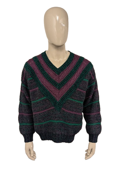 Maglione vintage Olly Gan con scollo a V. Colore verde viola nero. Taglia L.