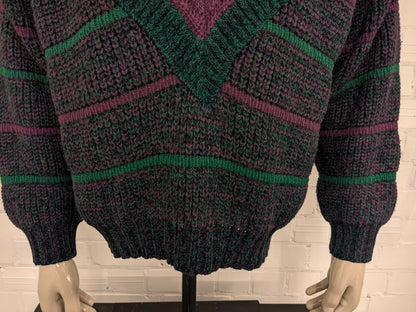 Maglione vintage Olly Gan con scollo a V. Colore verde viola nero. Taglia L.