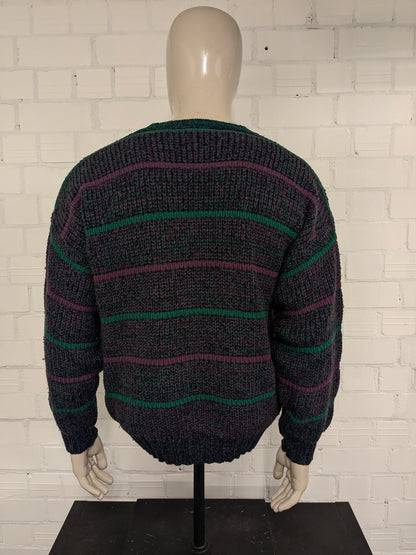 Maglione vintage Olly Gan con scollo a V. Colore verde viola nero. Taglia L.